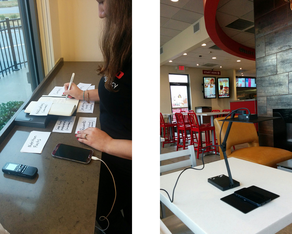 Images of user interviews and user testing setups inside of a Wendy’s restaurant.