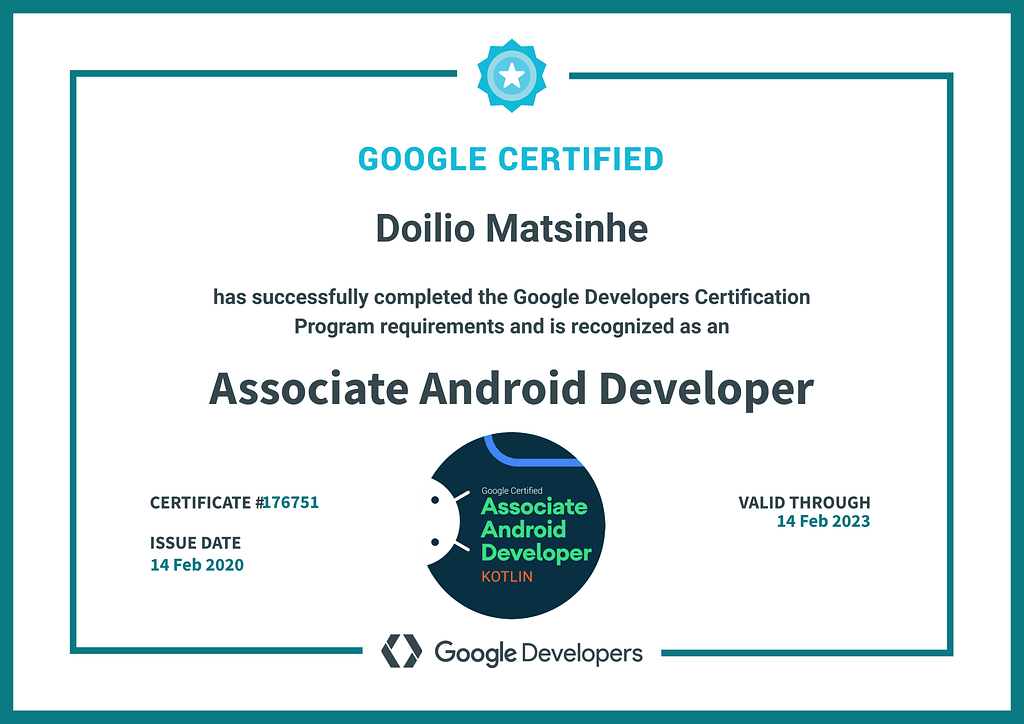 Google Certified Associate Android Developer Doilio Matsinhe