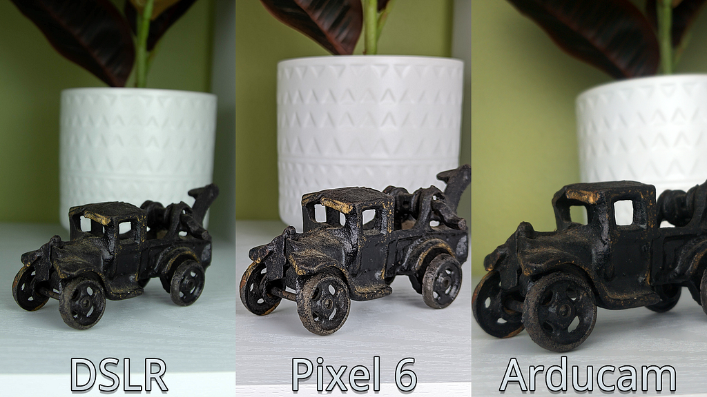 3 images of a metal car and plant are arraigned in columns comparing a DSLR, Pixel 6 and the Arducam.