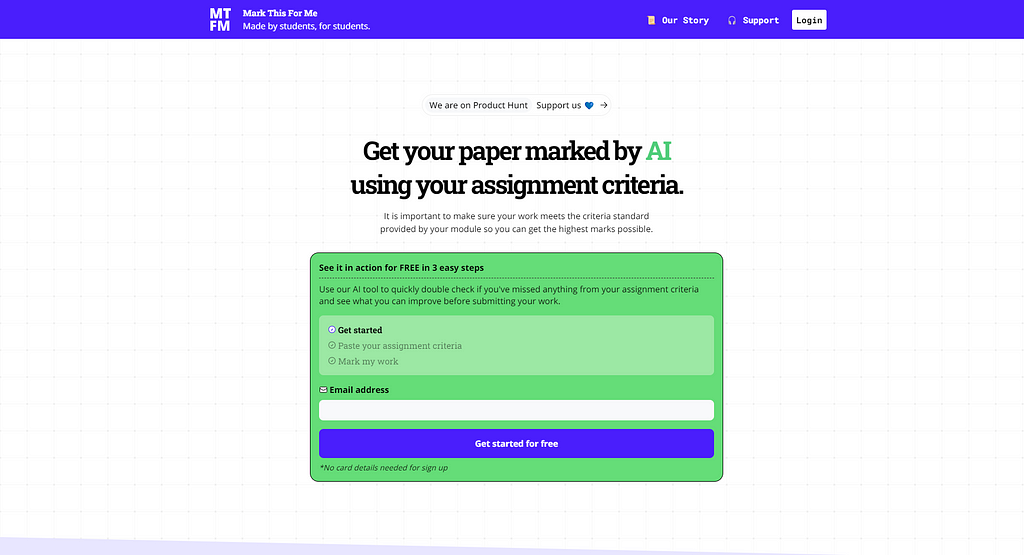 A preview screenshot of markthisforme.com titled “Get your paper marked by AI using your assignment criteria”. Visit the website for better access and interpretation.