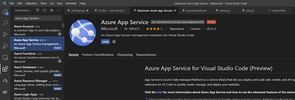 Install Azure App Services as Extension in VS Code — Deploy a Django application in Azure App Services | Orionlab | Orionlab.io