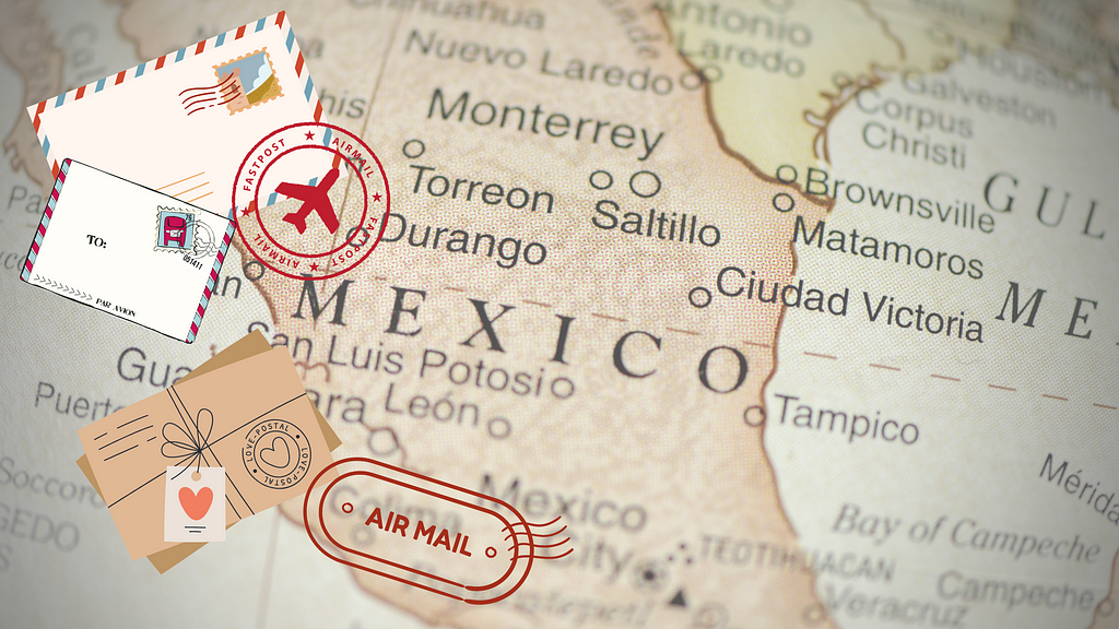 A map of Mexico with graphics of letters and airmail symbols