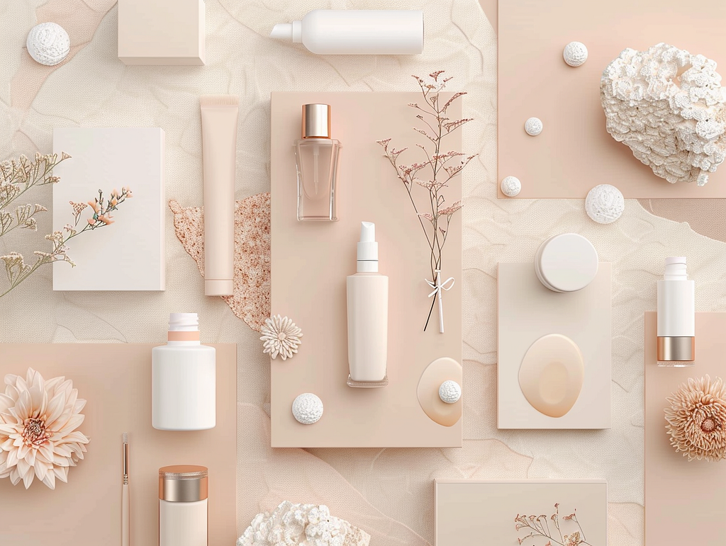 Top view of Makeup items on a light beige and pink background