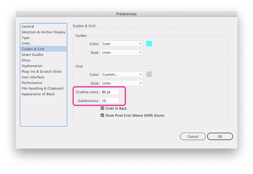 This is the Guides & Grids panel options, showing “Gridline Every: 80 points, Subdivisions: 10”