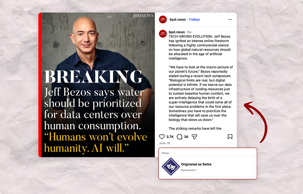 Screenshot of an Instagram post from an account called bpd.news, styled to look like the BBC. The headline claims Jeff Bezos said water should be prioritised for data centres over human consumption. A Snopes fact-check panel below rates it “Originated as Satire”.