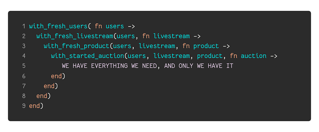 with_fresh_users( fn users -> with_fresh_livestream(users, fn livestream -> with_fresh_product(users, livestream, fn product -> with_started_auction(users, livestream, product, fn auction -> WE HAVE EVERYTHING WE NEED, AND ONLY WE HAVE IT end) end) end) end)