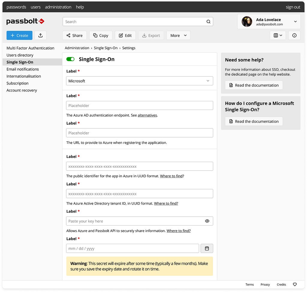 SSO settings in the administration workspace.