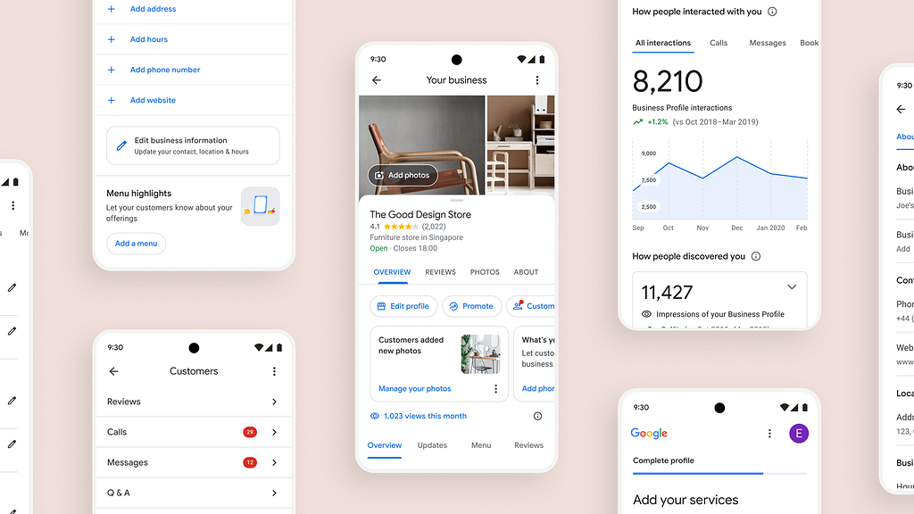 Key screens of the Google Business Profile
