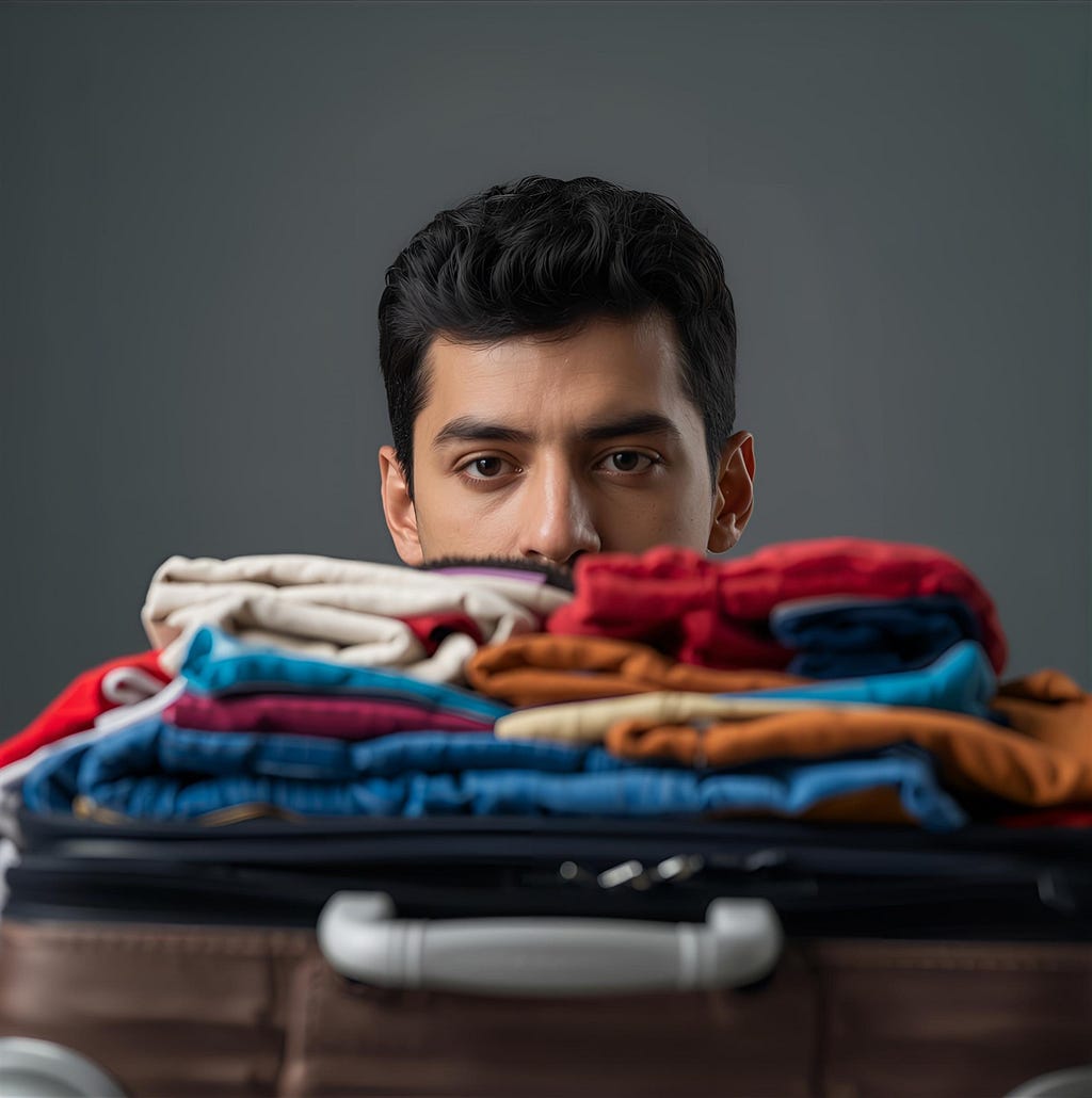 A man staring at a suitcase so packed it cannot be closed.