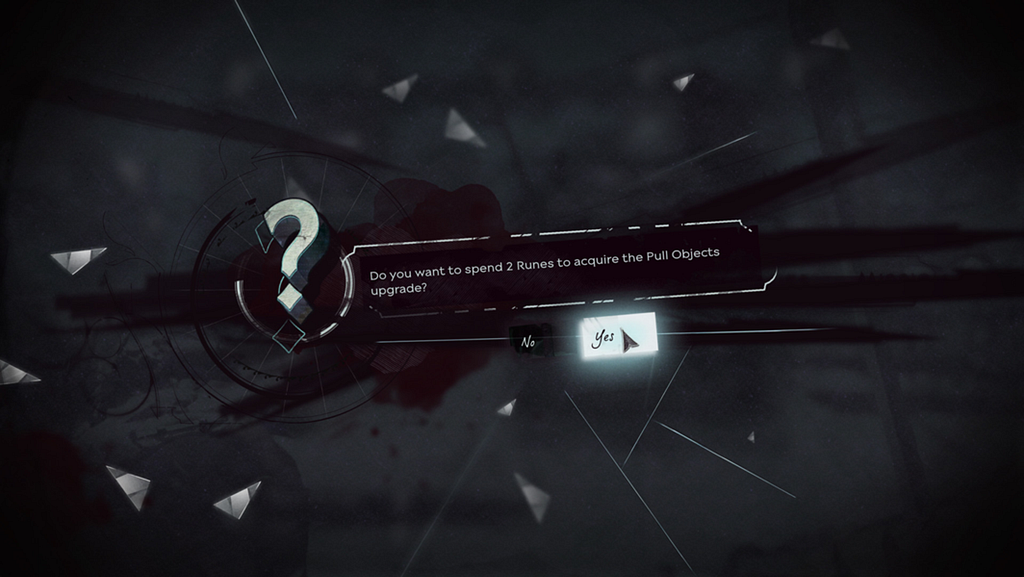 Dishonored 2 UI showing a confirmation dialog with No and Yes options.