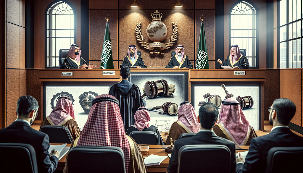 AI image showing Saudi court room representing IP Laws in Saudi Arabia.