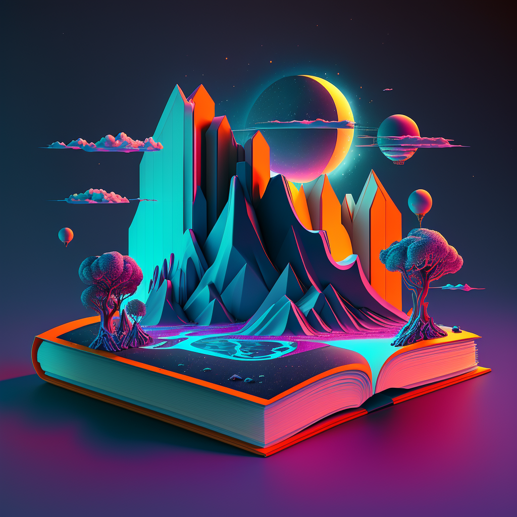 A pop-up storybook about a futuristic world with mountains and trees