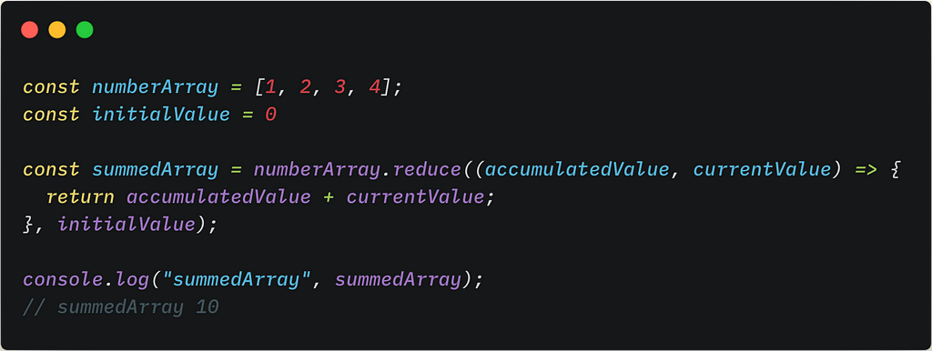 Reducing an array by returning my current value added to my accumulated value. Then logging the sum to the console.