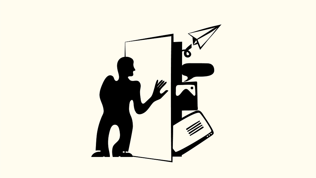 Illustration of a figure opening a door full of conceptual images related to brand and UX
