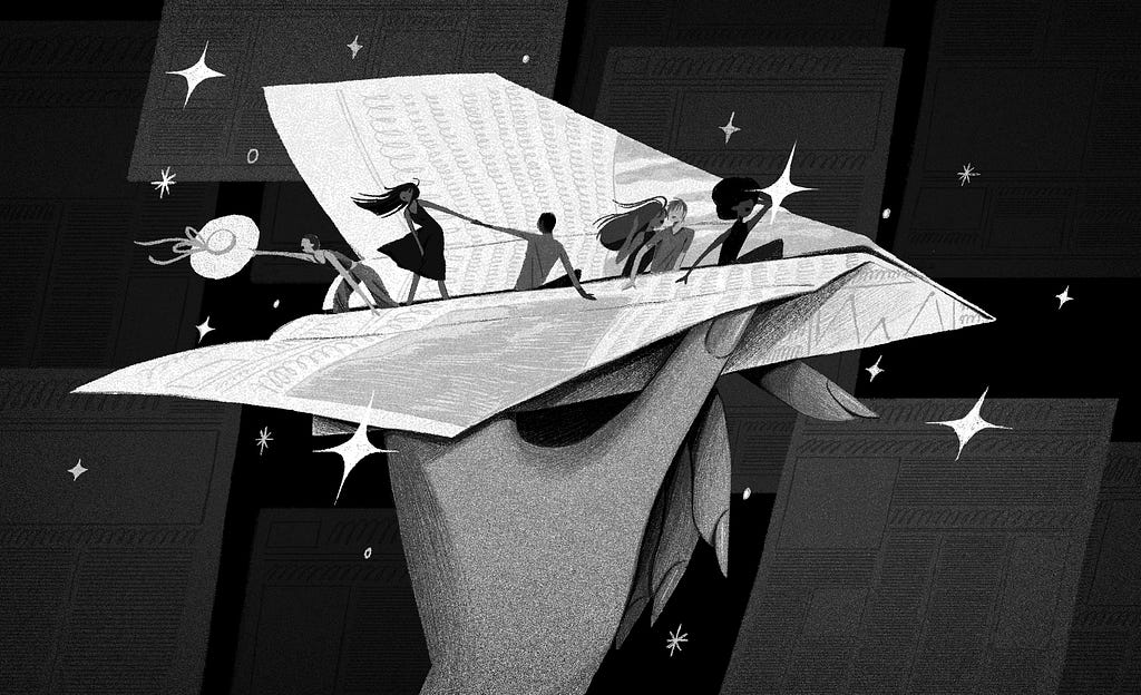 An illustration of a hand holding a paper airplane on which five people are sitting.