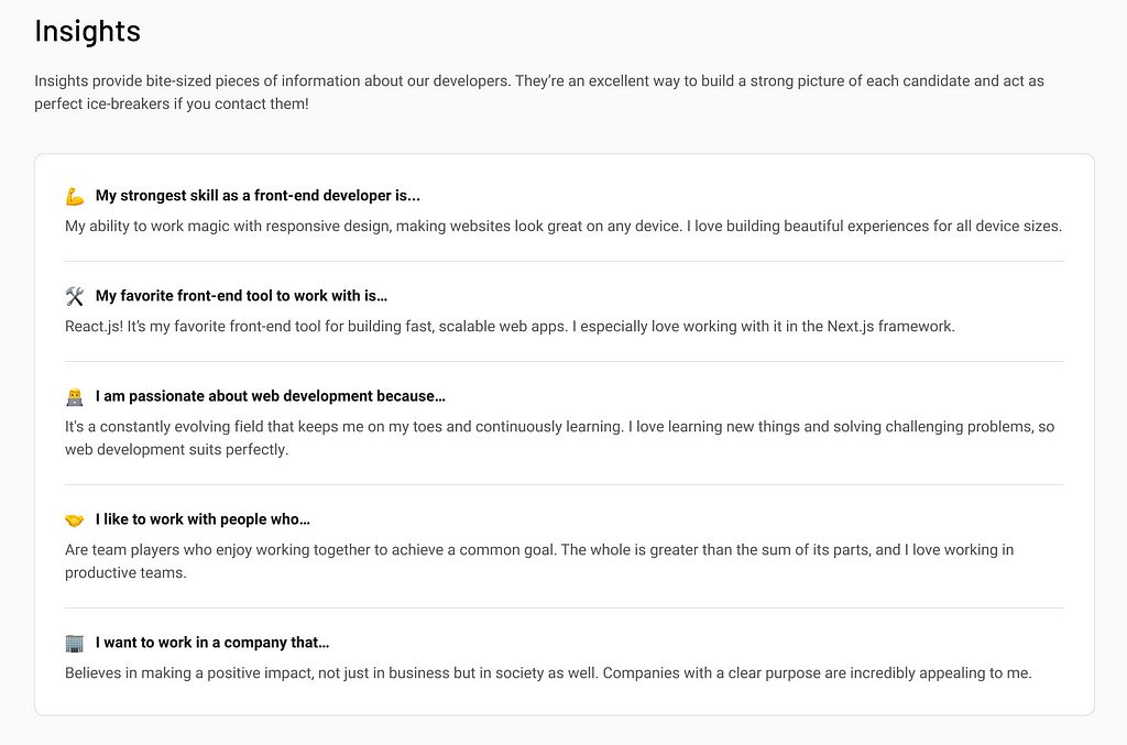 Screenshot of the insights section on the Frontend Mentor Hiring platform, showing how the insights should be written as a continuation of the prompt.
