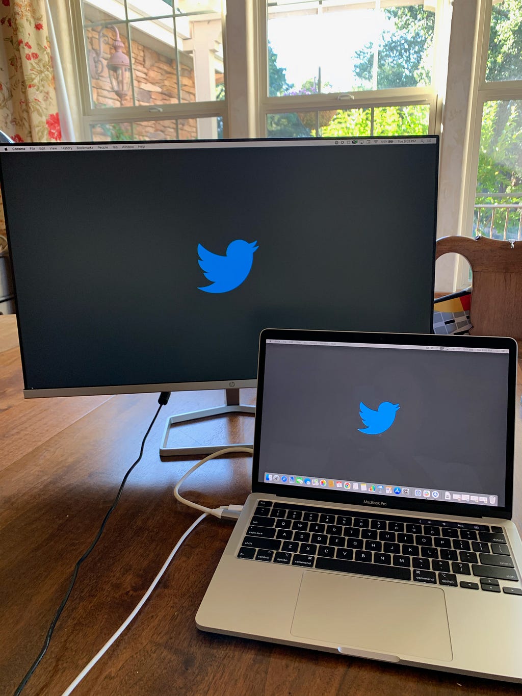 Picture of my office setup for the summer — a monitor and mac laptop with the twitter logo.