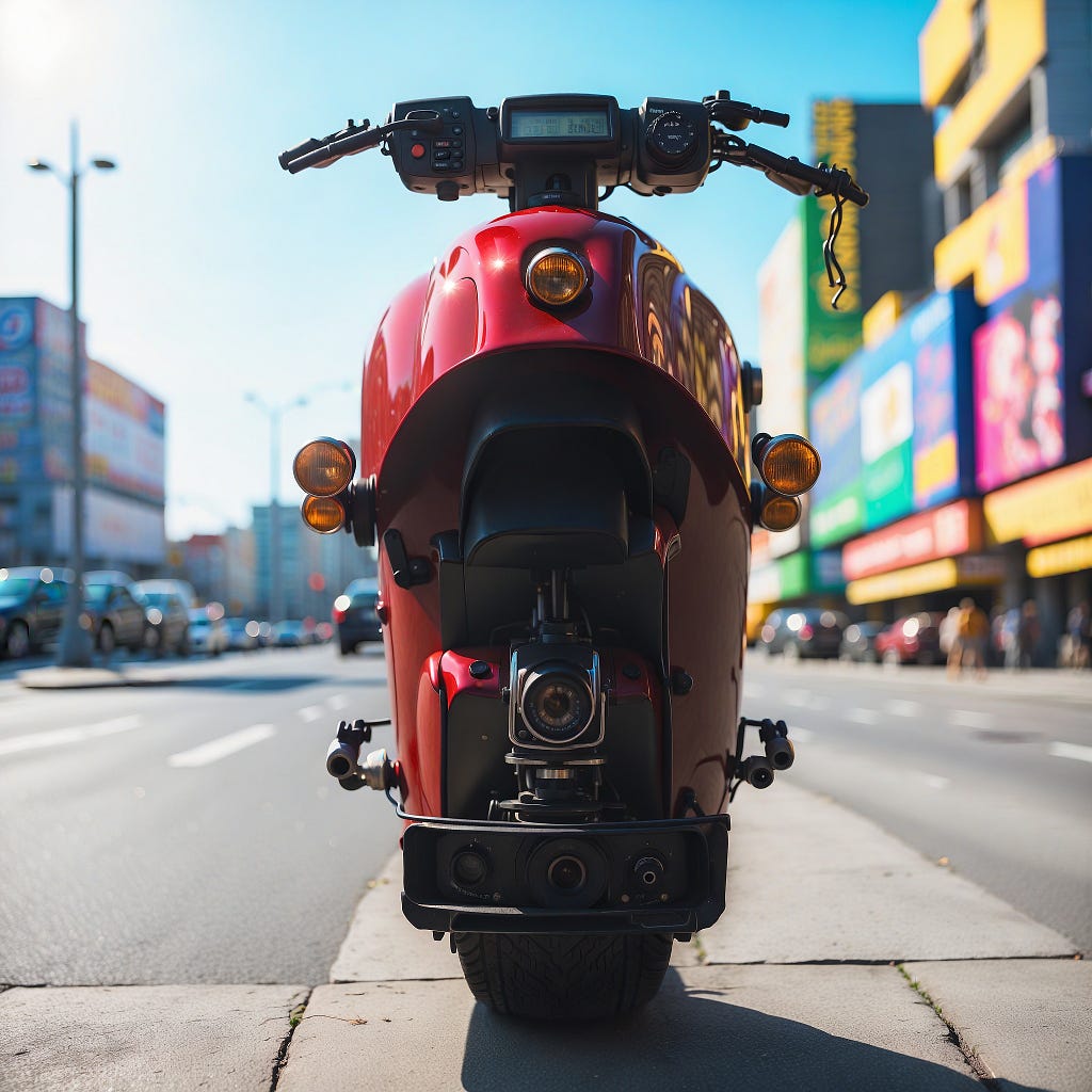 generative art illustration of a red moped in a modern city