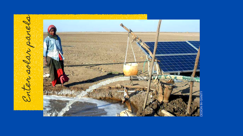 Image showing an Agariya woman standing before a solar pump while brine is being pumped out into a salt pan.