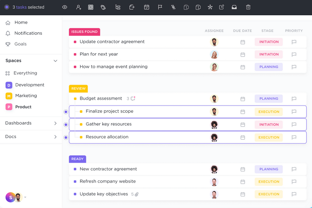 ClickUp Interface — Product Management Tool — Product Management App — Collaborative work App