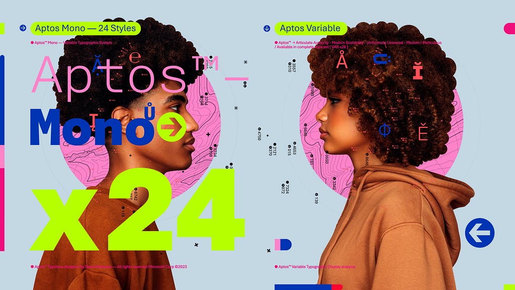 A young African-American male and female face each other. Pink circles like low moons inscribe their upper torso. Saturated florescent Aptos typography surrounds them. The letters are pink, green, and dark blue. The characters vary in weight, size and dimension.