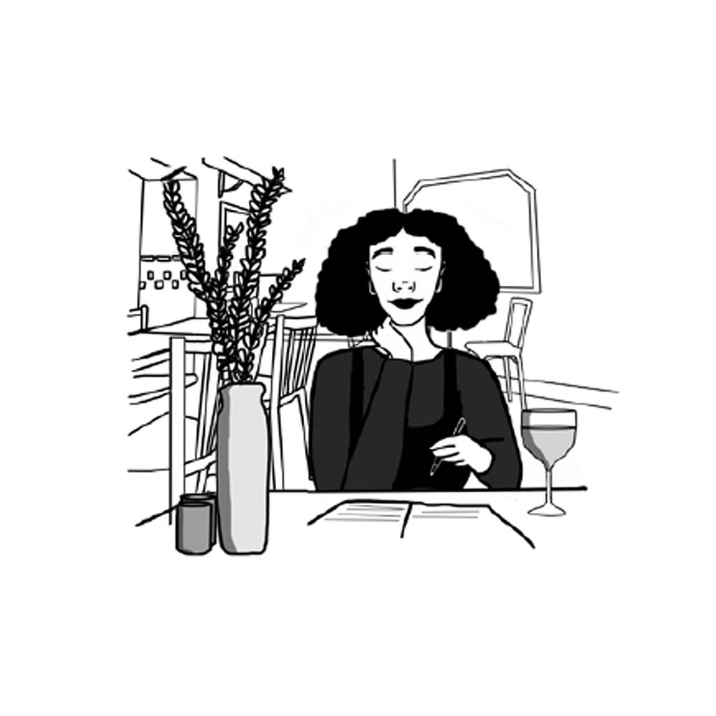 an illustration of a woman at a restaurant drinking a glass of wine and writing a letter
