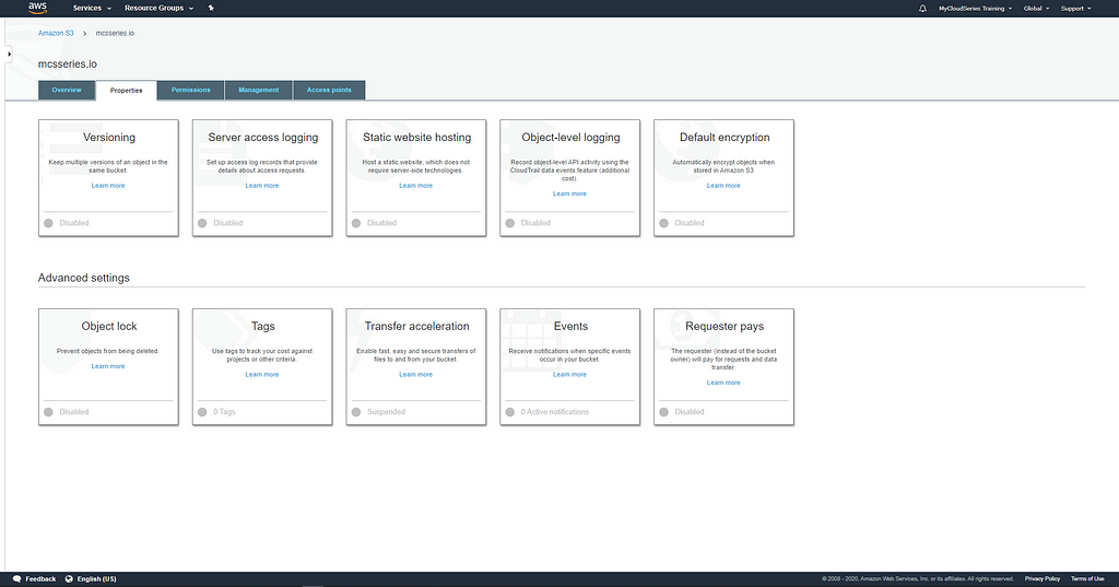 S3 Bucket Properties Page