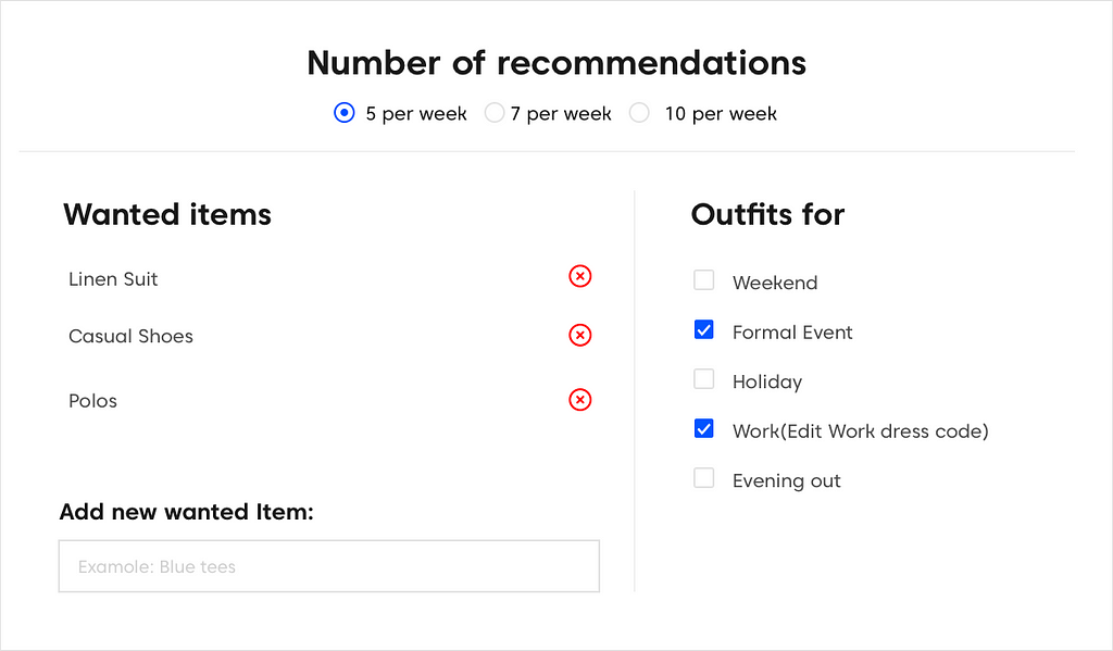 After user sign-up for recommendation emails, a configuration editable by that customer allowing for which products he like.