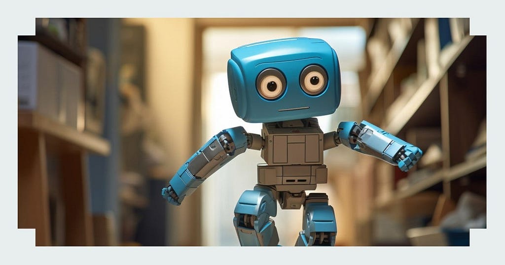 A cartoon blue robot looking uncertain in a messy room, illustrating AI’s role as a helpful but imperfect assistant in UX work.