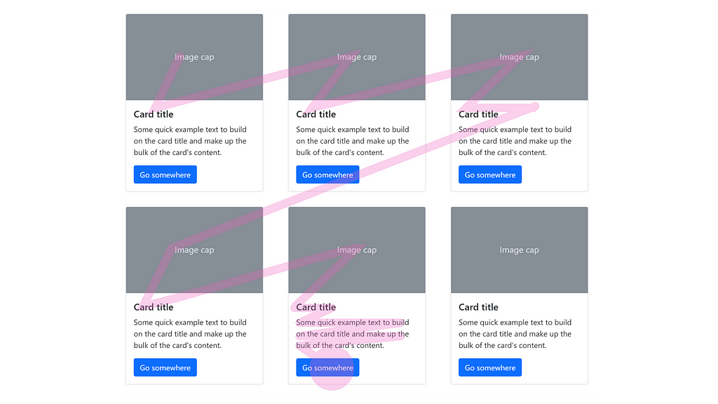 A pink zigzag line overlaid on the image of six cards, indicating eye movement