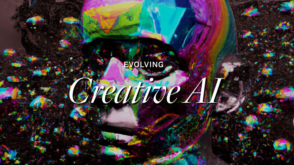 AI-generated image of a metallic human head with the words “Evolving Creative AI”