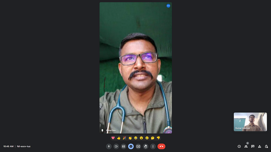 A snapshot showing an interaction with Dr. Rahul Dev (Command Hospital, Pune) over Google meet