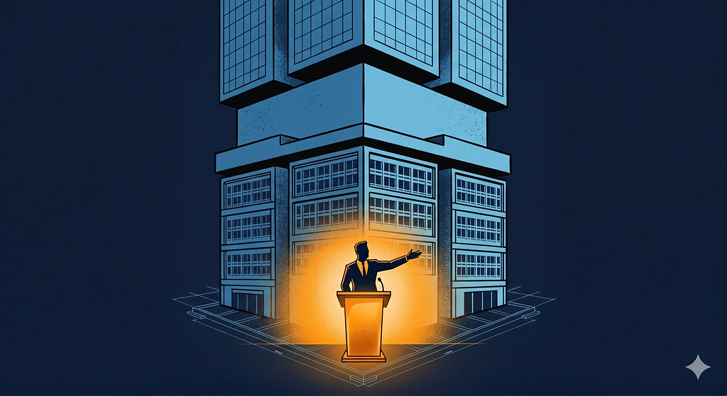 A small silhouette at a podium radiates warm amber light while an enormous cold blue corporate building towers above — the gap between declaring transformation and the inherited architecture that doesn’t change.