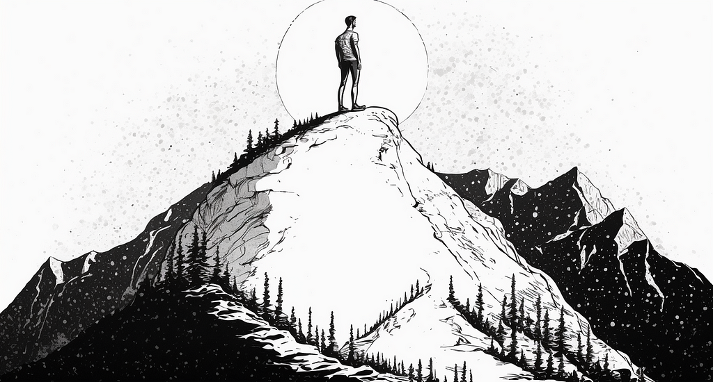 Illustration of person standing on top of a mountain