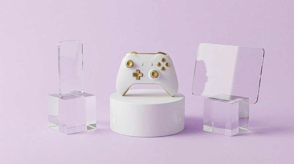 Minimal studio composition with a game controller centered, flanked by two transparent glass devices: phone and tablet.
