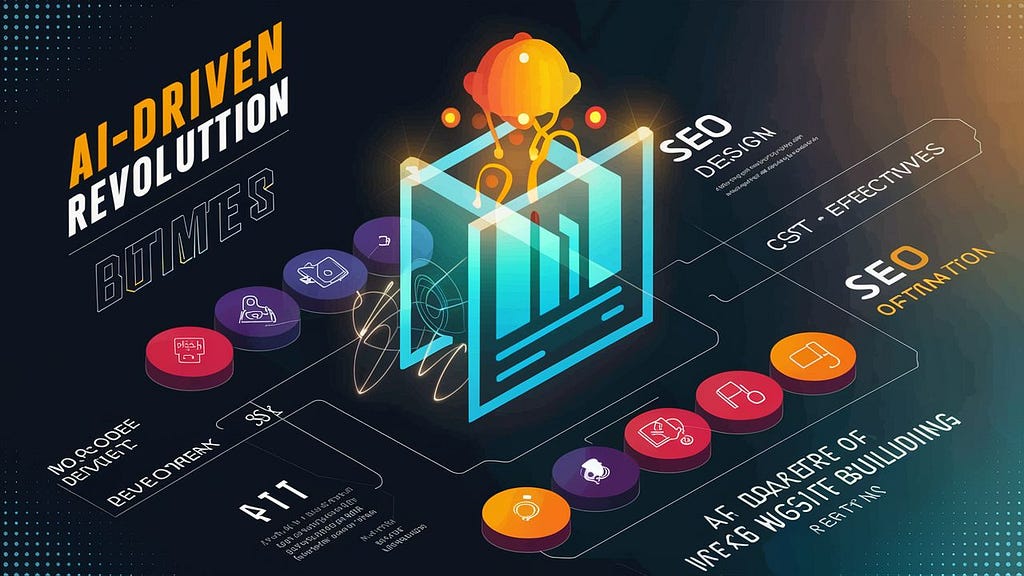 An infographic showcasing the revolution of website building by AI technology, highlighting no-code development, automated design, SEO optimization, and cost-effectiveness.