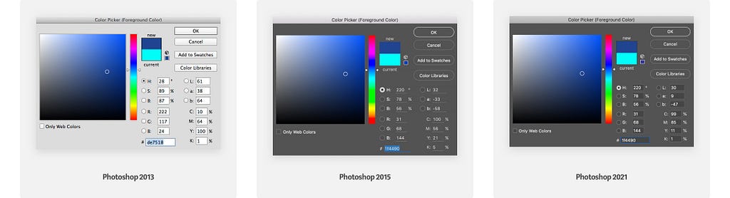 3 screenshots of Adobe Photoshop Color Picker from 2013, 2015 and 2021