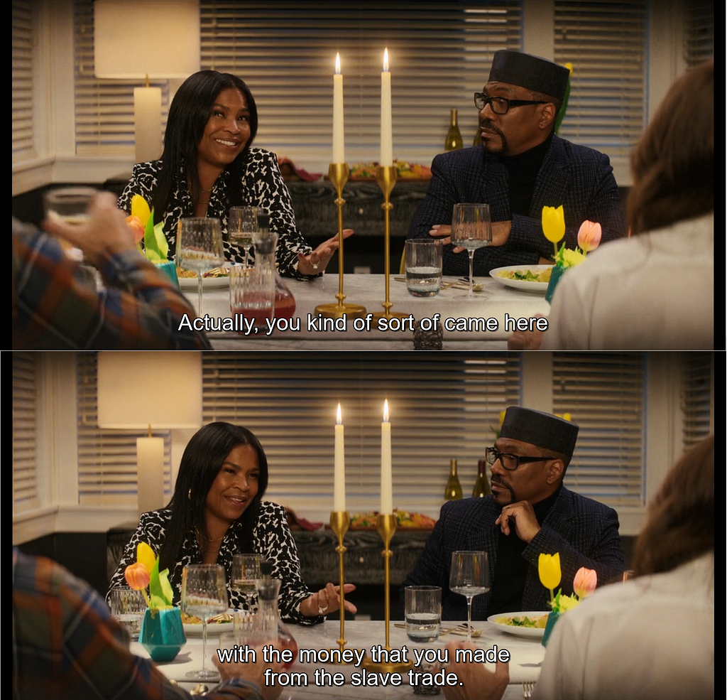 Two shots from a film. A woman speaking next to a man with a black Kufi at a dinner table. The subtitles read, “Actually, you sort of kind of came here with the money that you made from the slave trade.”