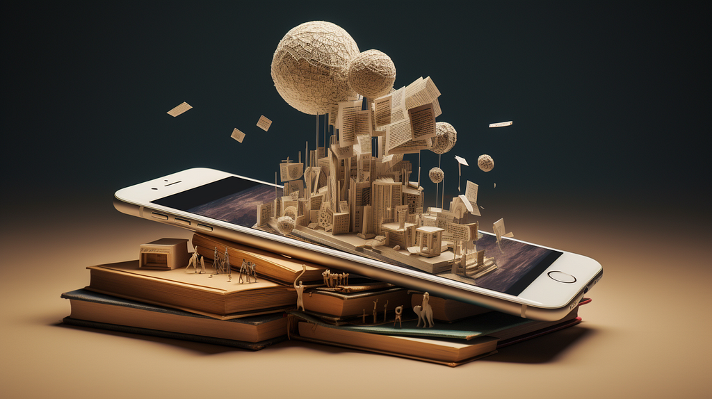 A conceptual image with a smartphone lying on a stack of books, from which a three-dimensional paper cityscape emerges, featuring skyscrapers, trees, and clouds, symbolizing information and knowledge expanding from the digital world.