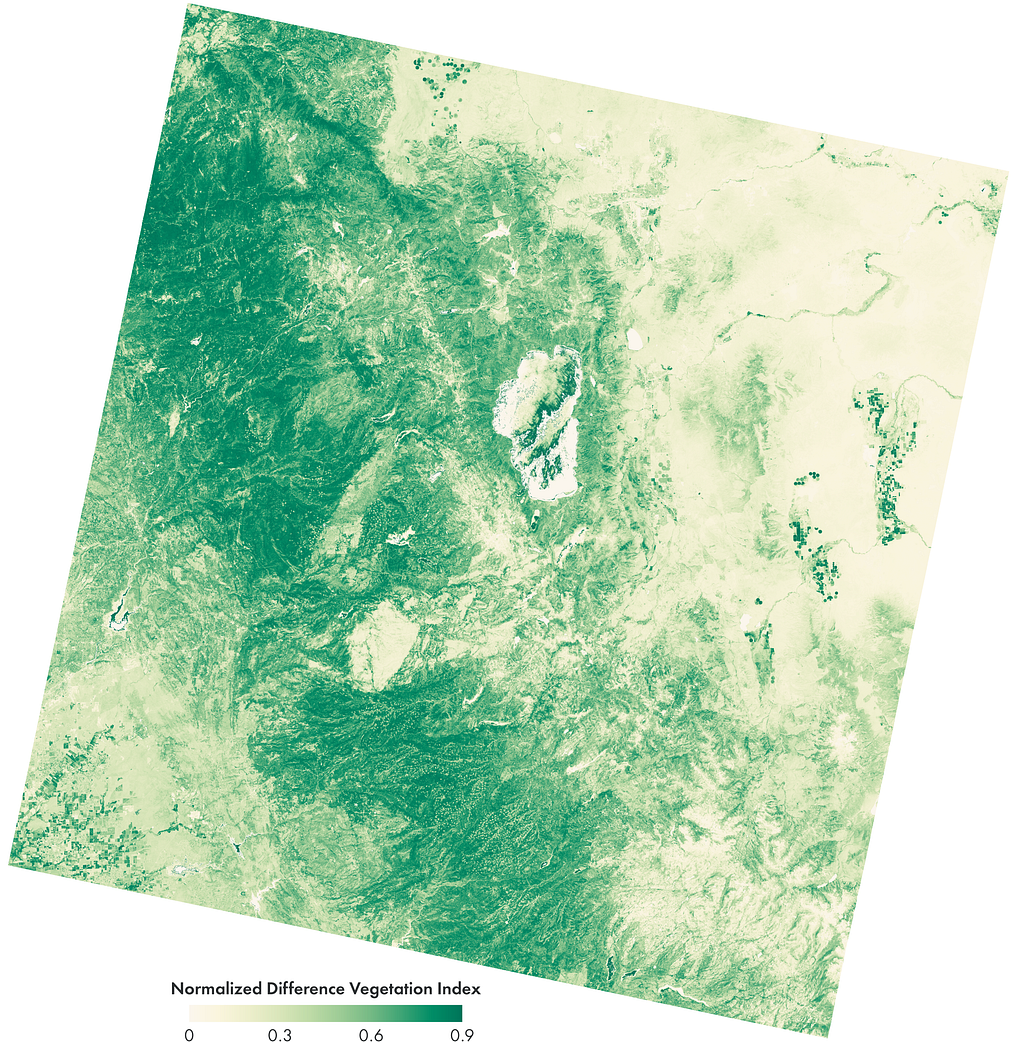 Normalized Difference Vegetation Index (NDVI) map of the Lake Tahoe region. Beige and light yellow indicates low NDVI, while dark green indicates high NDVI.