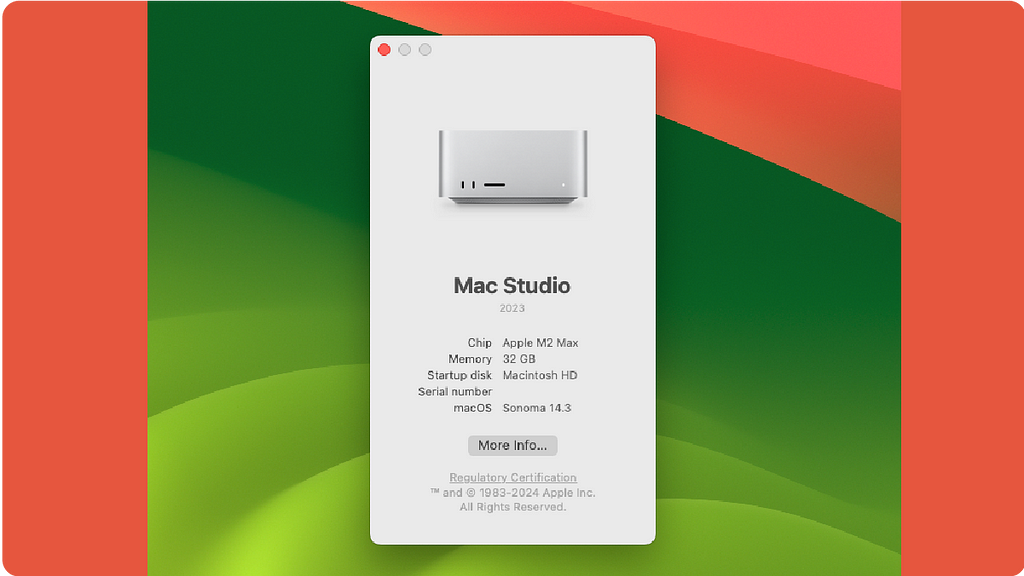 About This Mac overview showing Mac Studio 2023 with Apple M2 Max chip, 32 GB memory, and macOS Sonoma 14.2, with startup disk ‘Macintosh HD’.