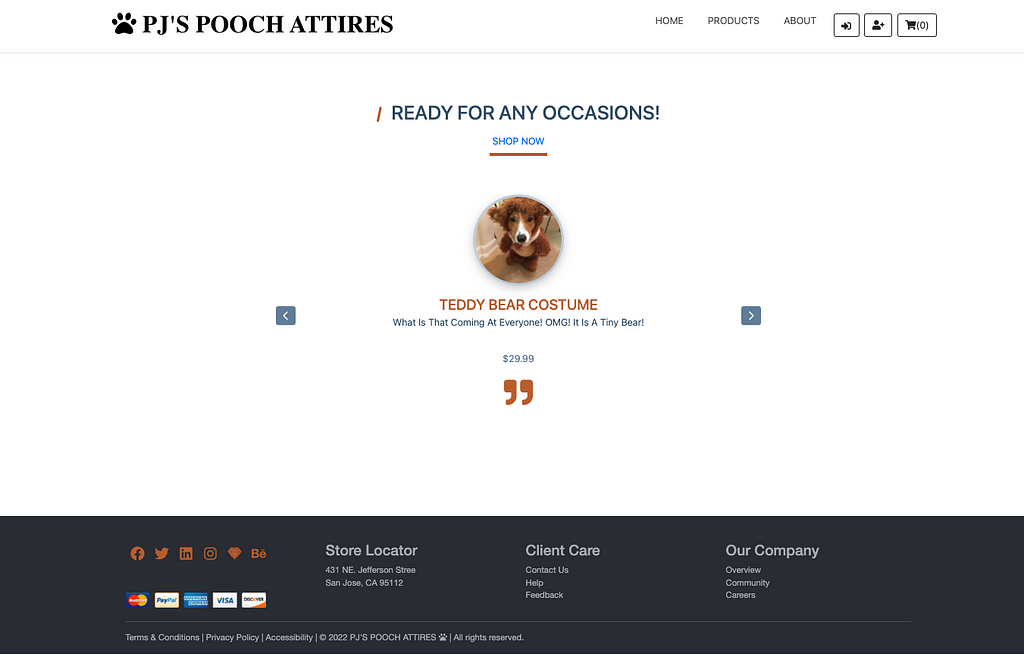 PJ’s Pooch Attires Homepage with sliders that showcase store ‘all time favorite products” for customers to enjoy.