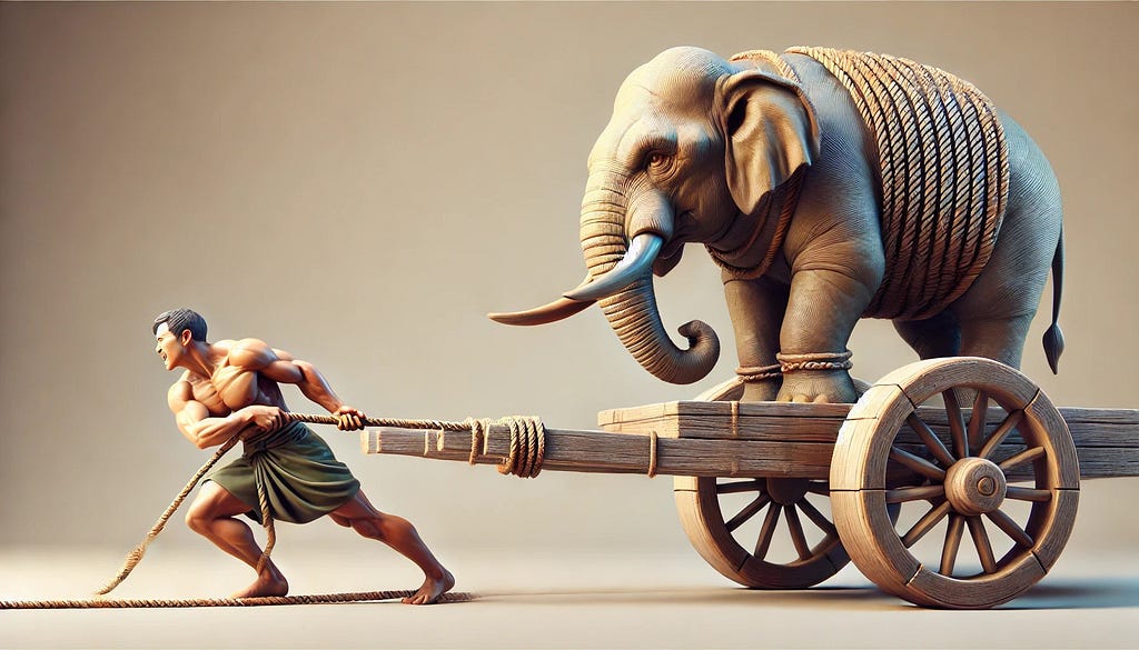 A man pulling an elephant with his bare hands