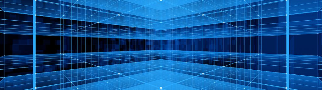 Abstract tech graphic resembling a 3D blue gridded structure.
