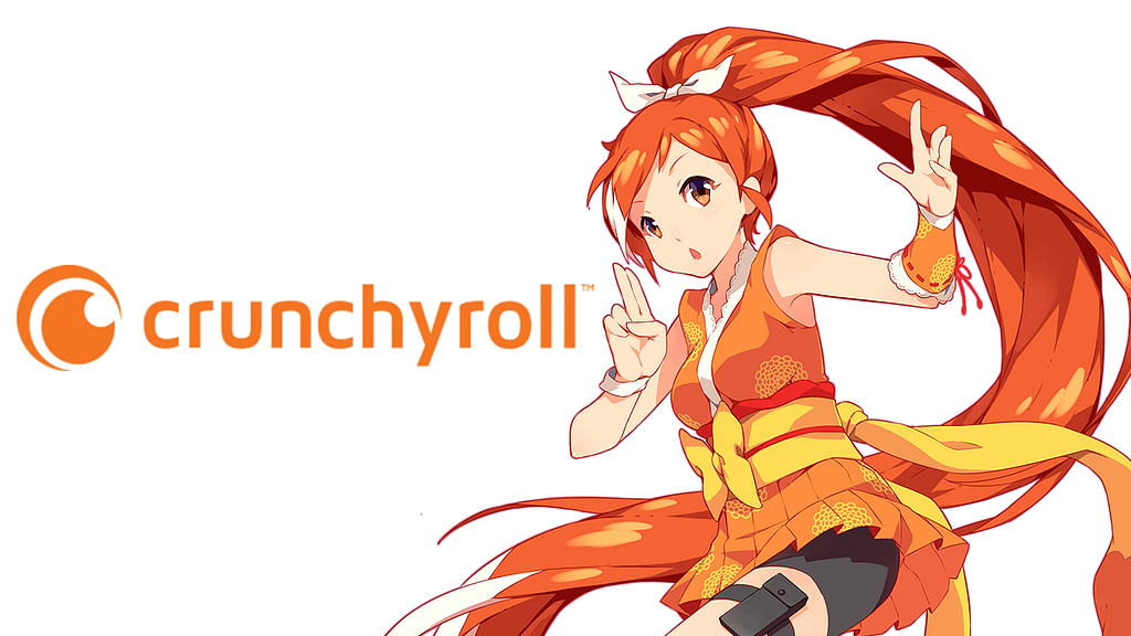 Logo do serviço de streaming Crunchyroll escrito em laranja sobre um fundo branco e ao lado da personagem símbolo da plataforma com vestes laranjas.