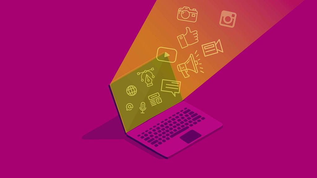 Laptop screen with e-commerce marketing icons shining out of the screen in a beam of light.