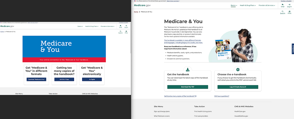 Screenshots from medicare.gov/medicare-and-you, with the before (left) and after (right)