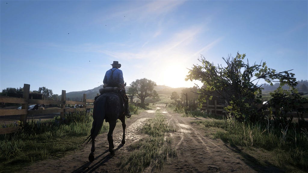 Arthur strolling through a ranch while on a horse
