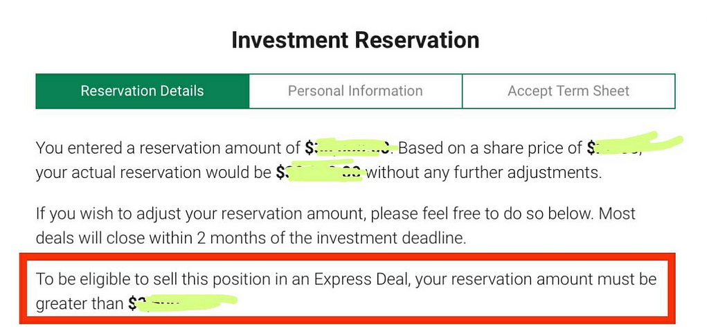 First step of EquityZen Investment Reservation process Screenshot