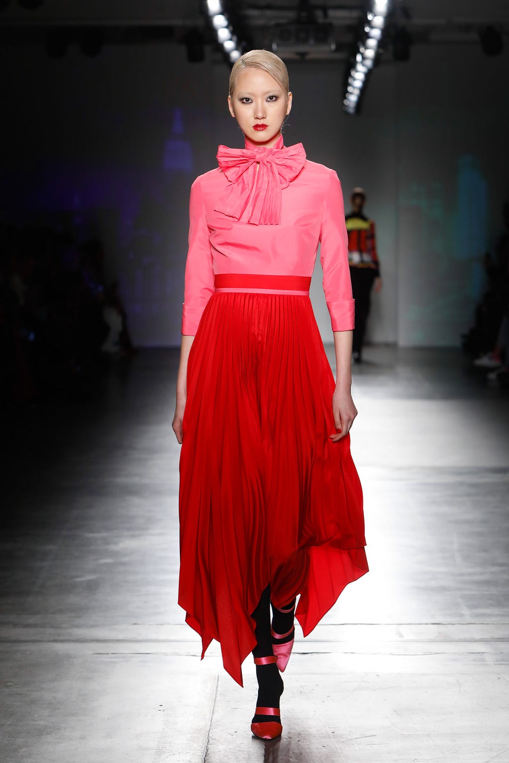 Pop Art Pink/Red Paper Taffeta High Square Neck Pleated Handkerchief Dress with Pleated Pussy Bow